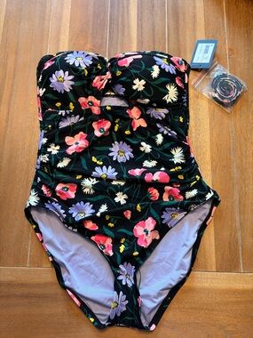 kate spade Black Floral Kids One-Piece Swimsuit with Pink & Purple Flowers
